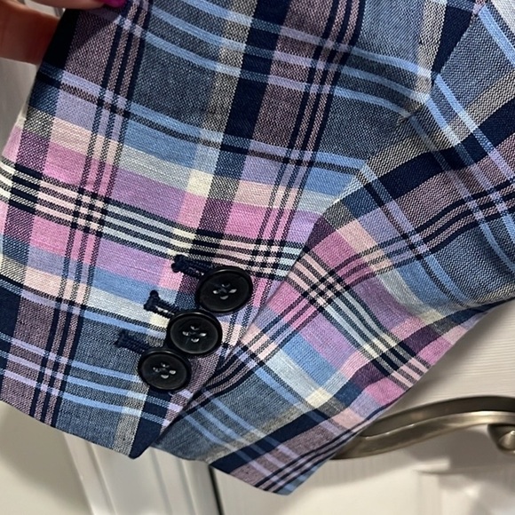 Talbots purple blue plaid one button linen cotton blazer size Large WP - Picture 6 of 7